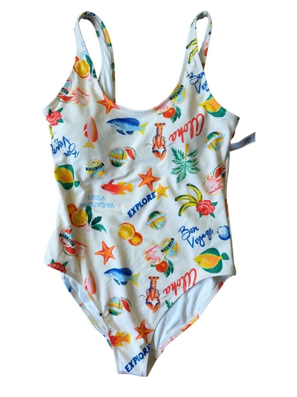 Old Navy Bon Voyage Aloha One Piece Swimsuit Womens L Coconut Girl Kitsch Resort